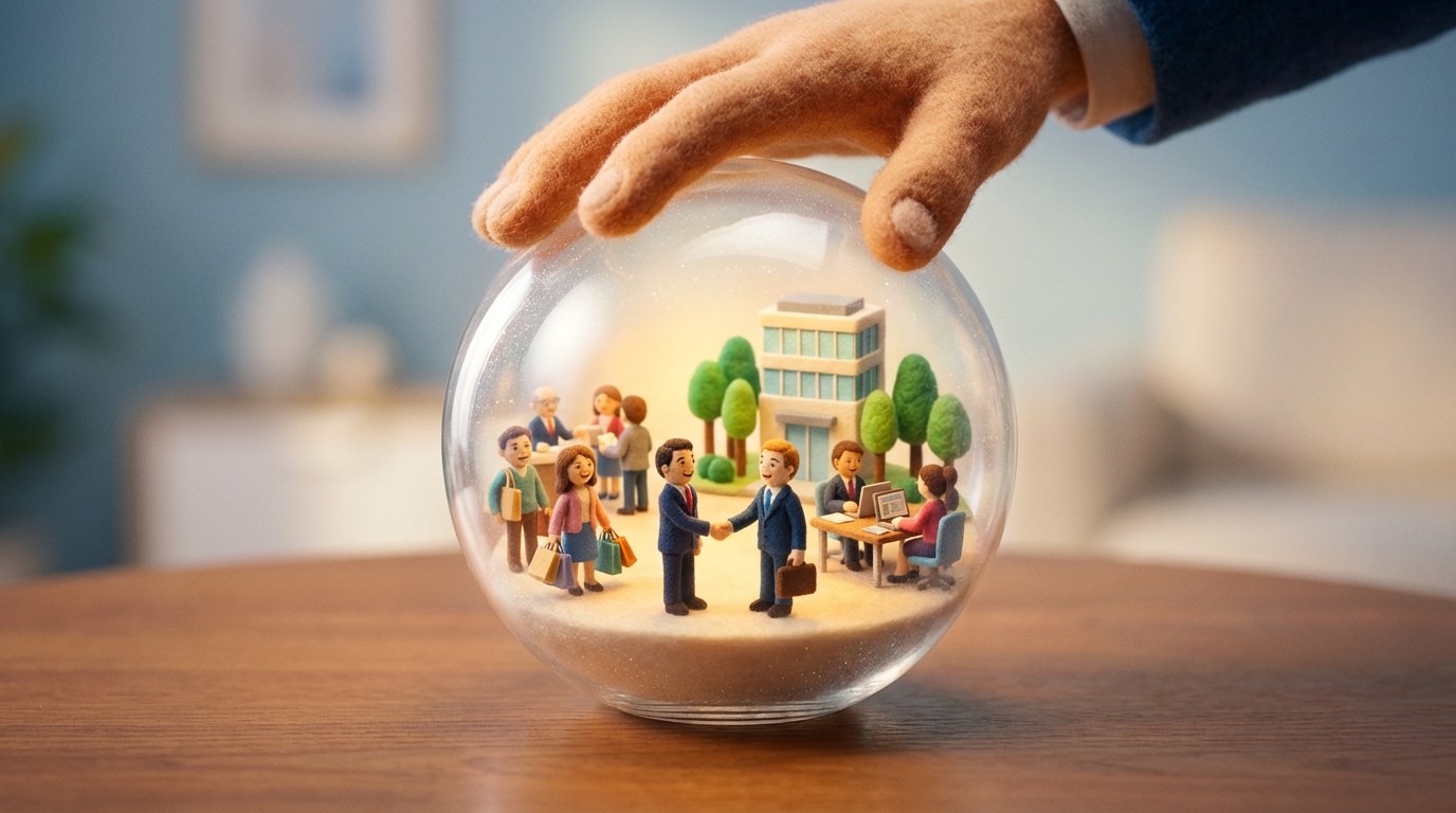 A large, transparent crystal ball showing a vibrant, detailed future scene inside: a thriving business environment, happy customers, and a successful team. A hand is gently resting on the crystal ball, suggesting contemplation and engagement with this envisioned future. The outside world is slightly blurred, emphasizing the clarity of the vision within the ball. Soft, dreamlike lighting.
