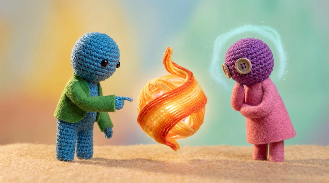 Two abstract figures are standing on either side of a glowing, evolving object. One figure is pointing gently towards a specific area of the object, while the other is listening attentively, with a subtle aura of understanding. The object itself is changing and refining its shape, indicating improvement. The background is a soft, supportive gradient, and the overall mood is collaborative and focused on positive growth.