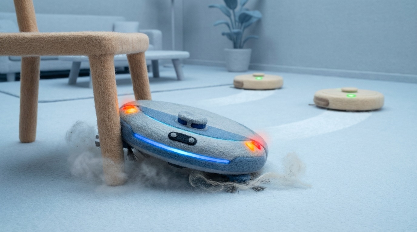 A sophisticated, futuristic-looking robot vacuum cleaner stuck under a simple, everyday piece of furniture, like a chair leg. Its lights are blinking in frustration, indicating it's unable to maneuver. Around it, simpler, more basic robot vacuums are smoothly cleaning the floor. The advanced robot appears out of place and ineffective, despite its complex design. The setting is a modern, minimalist living room, with cool, clean tones.