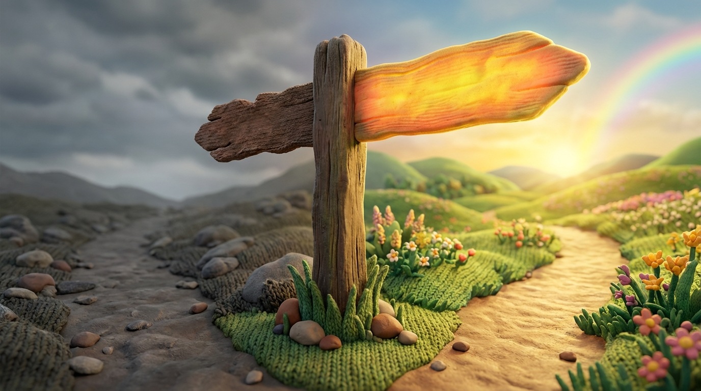 A vibrant, glowing signpost at a crossroads. One arm points vaguely with the text "Click Here" in dull, uninspired lettering. The other, much larger and brighter arm points clearly towards a beautiful, lush landscape with a promise of "Achieve Financial Freedom" or "Master New Skills" written in an inviting font. The path towards the value-focused sign is well-lit and appealing. Rich, inviting color palette for the right path, duller for the left. Perspective from the ground looking up at the sign.