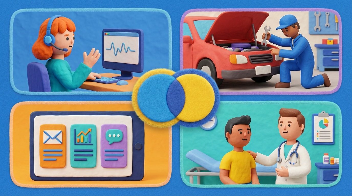 A collage of small, distinct scenes representing various business applications. One scene shows a person talking on a headset in a call center, another depicts a mechanic working on a car in a garage, a third shows a tablet displaying different email templates, and a fourth shows a doctor interacting with a patient in a clinic. Each vignette is framed with a subtle border, and they are arranged around a central, abstract icon of two overlapping circles, symbolizing testing and comparison across diverse fields. The overall mood is active and practical, with a bright, professional color scheme.