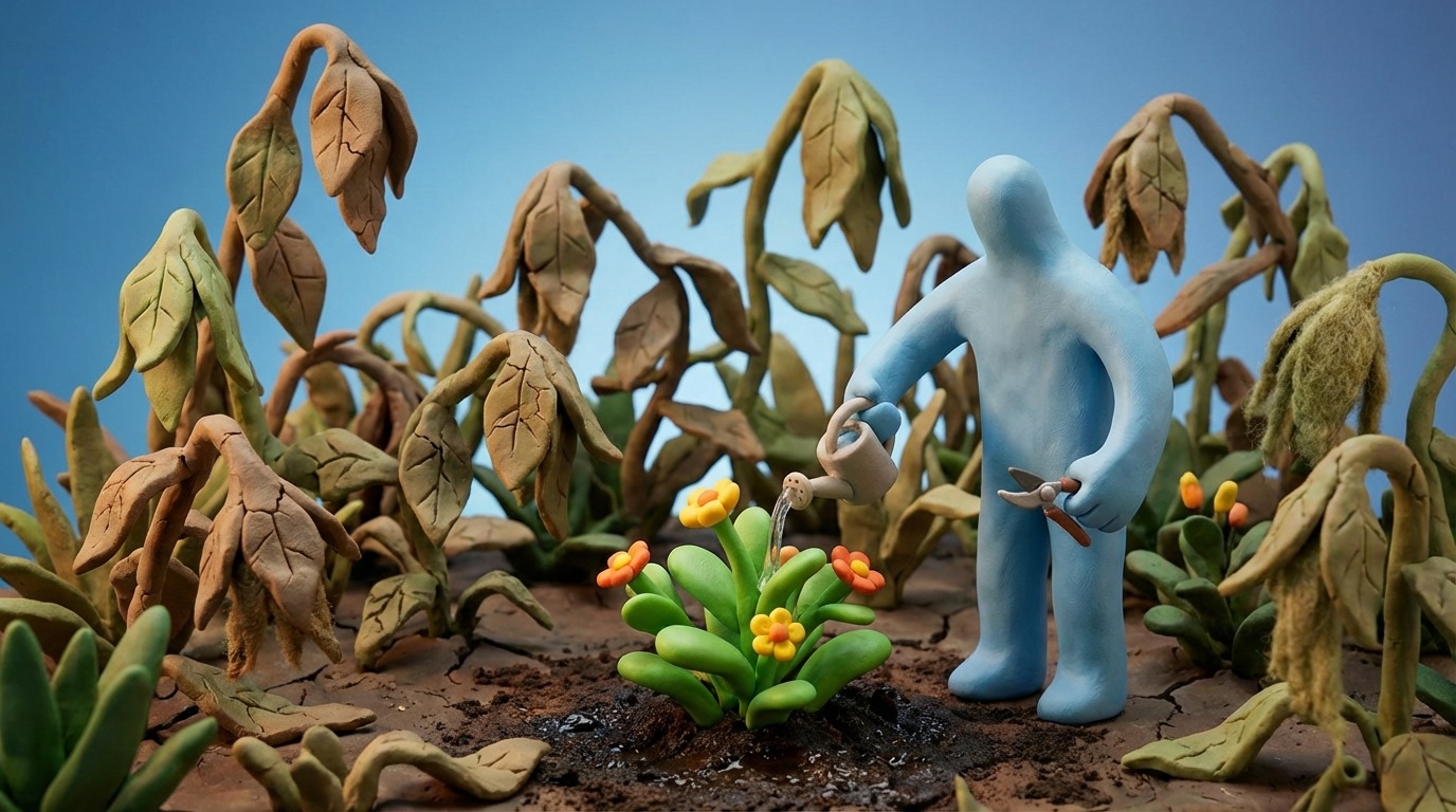 A stylized, overgrown garden with wilted, neglected plants. In the foreground, a single, vibrant, well-tended plant is shown, being watered and pruned by an abstract figure. The contrast highlights the result of continuous care versus neglect. The overall mood is one of renewal and the consequences of inaction, with a mix of faded, dull greens and vibrant, fresh greens.