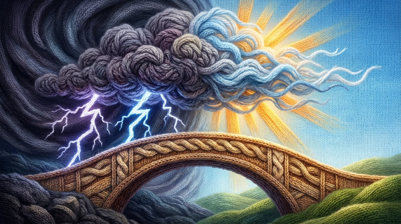 A dynamic split composition, viewed head-on. On the left, a dark, turbulent storm cloud with jagged lightning bolts, representing problems and negativity. On the right, the same cloud is dissipating, transforming into a clear, bright blue sky with gentle sunlight. A sturdy, elegant bridge is forming between the two sides, connecting the past problem to a positive future. The color palette transitions from dramatic grays and purples to serene blues and warm yellows, symbolizing transformation and resolution of issues into loyalty.