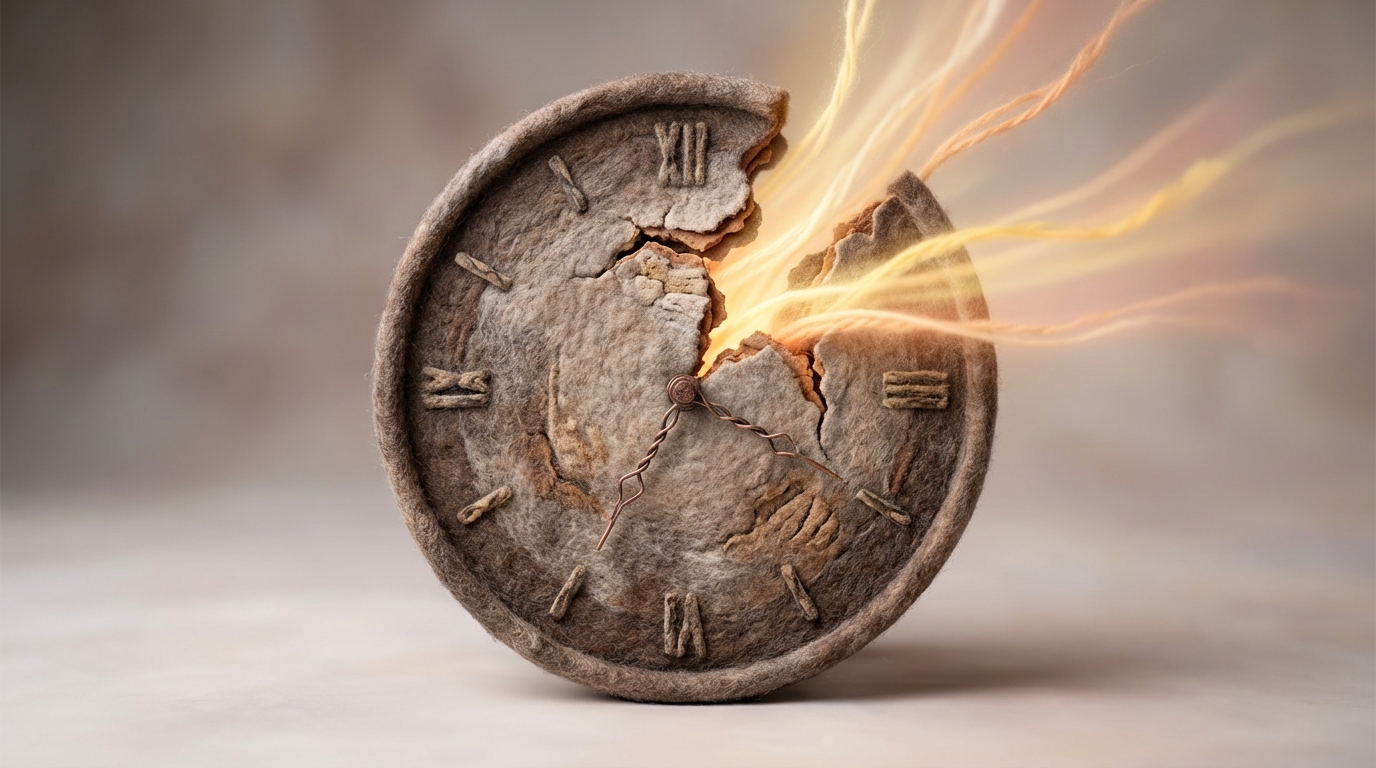 A single, prominent object, such as a stylized, slightly cracked or damaged clock face with a visible fissure, positioned at the center of the composition. Around the damaged area, gentle, abstract light rays or subtle, glowing lines are beginning to spread, suggesting repair, relief, or soothing. The mood is empathetic and understanding, focusing on a problem that needs a compassionate solution. Soft, muted colors for the damaged object (e.g., muted grays, browns), with warm, ethereal, and hopeful light (e.g., soft yellows, oranges) representing relief and healing.