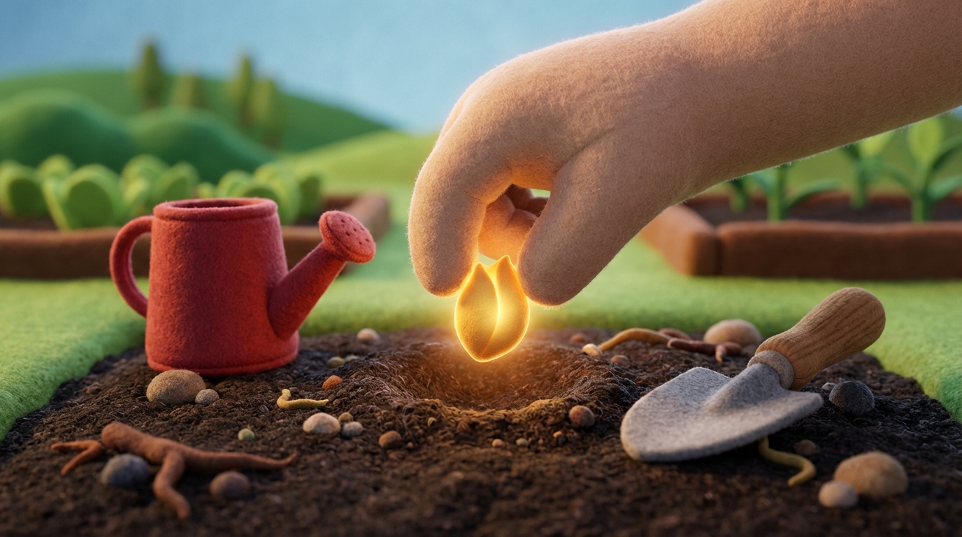 A small, stylized, glowing seed is being carefully planted into a patch of rich, fertile soil. Around it, various simple tools (e.g., a small watering can, a trowel) are neatly arranged, suggesting initial, focused effort. In the background, a faint, larger, but still undefined garden or field hints at future growth and expansion. The composition emphasizes a deliberate, controlled start to a project, with a nurturing and hopeful mood. The color palette is earthy and warm, with a bright glow around the seed.