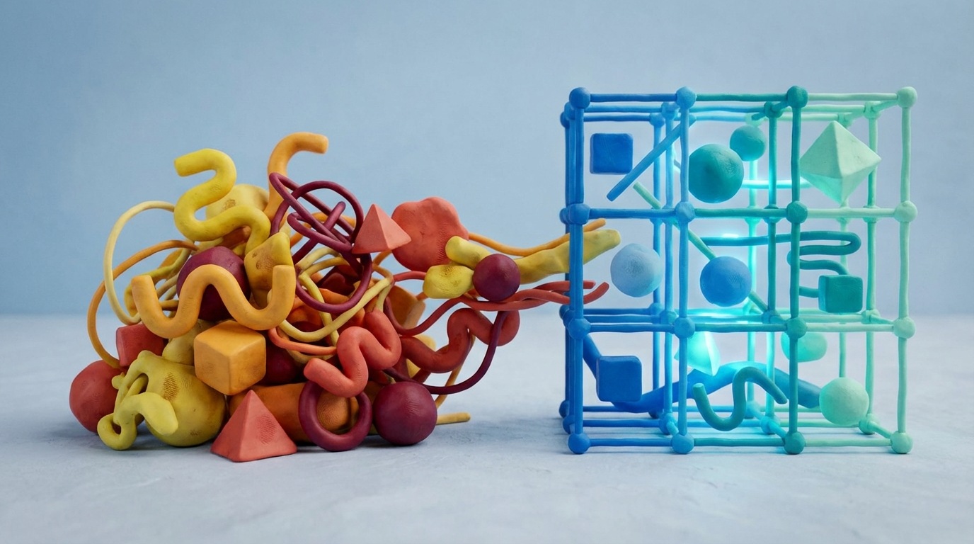 A chaotic jumble of various abstract shapes and lines, representing unorganized tasks and processes, on the left side of the frame. On the right side, the same shapes and lines are neatly arranged and connected within a clear, geometric grid structure, showing order and flow. A subtle, digital glow emanates from the organized side. The transition from disorder to order is clear. Cool, calming blue and green tones dominate the organized side, while warmer, more chaotic yellows and reds are on the unorganized side.