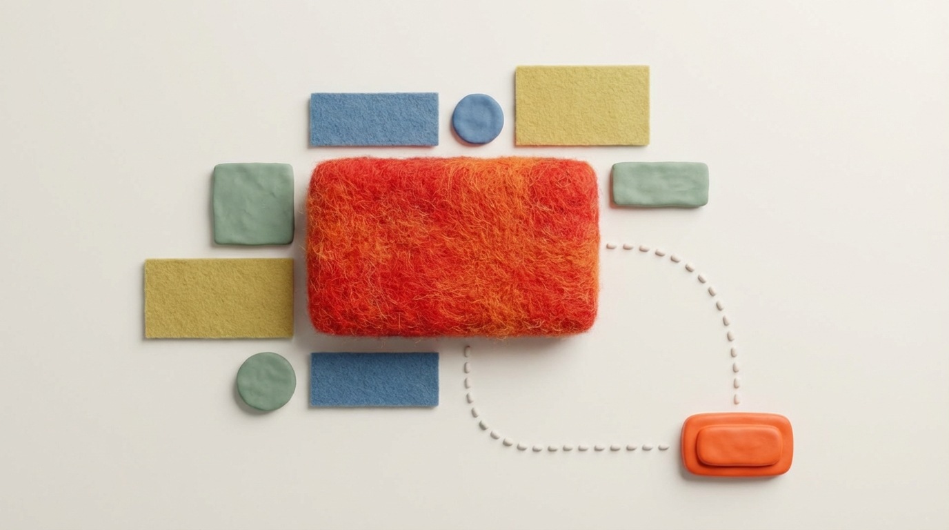 An abstract webpage layout with various geometric shapes representing content blocks. One large, brightly colored, prominent rectangle is centrally placed, drawing immediate attention. Smaller, less vibrant shapes are arranged around it, receding in importance. Subtle, dashed lines emanate from the prominent rectangle, guiding the eye towards a smaller, clearly labeled button at the bottom right. The background is a clean, light color. The composition demonstrates how size, color, and placement create a clear visual flow and guide user attention on a screen.