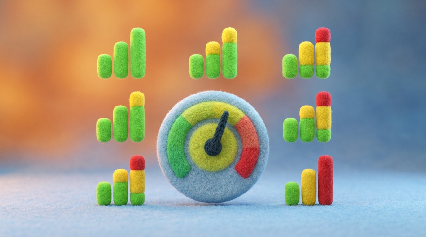 A series of small, stylized bar graphs or sentiment meters, each representing an individual team member's mood, arranged in a subtle grid. Some meters show positive readings (green), while others are slightly lower (yellow) or concerning (red). A central, larger meter aggregates these, providing an overall team sentiment. The scene has a clean, analytical aesthetic with a focus on data visualization.