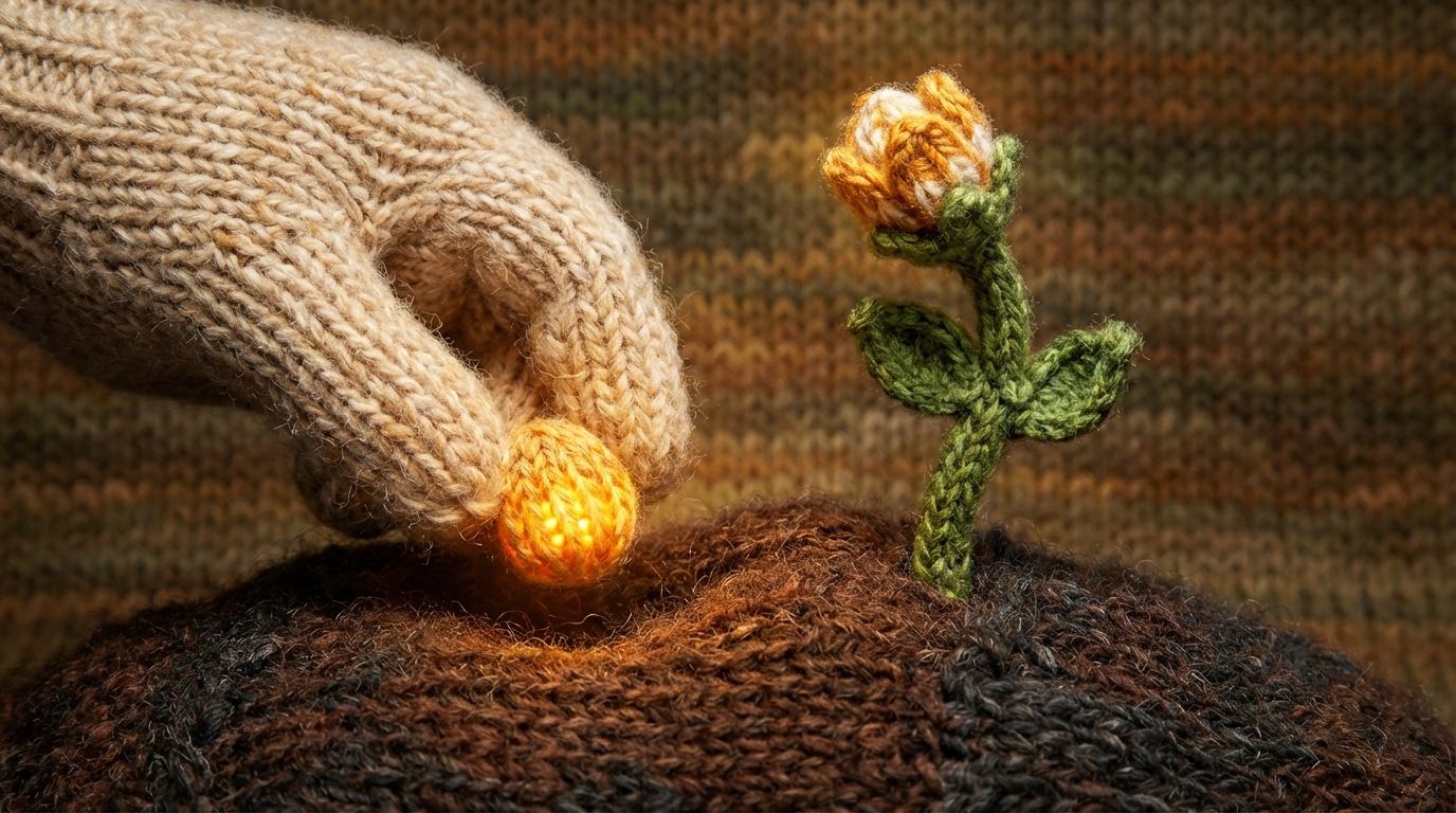 A hand gently pushing a small, glowing seed (representing words) into rich, fertile soil. From the soil, a single, strong plant stem emerges, with a small, budding flower at its tip (representing a deal or conversion). The scene is one of growth and transformation. Warm, earthy tones with a bright, hopeful glow from the seed and bud.