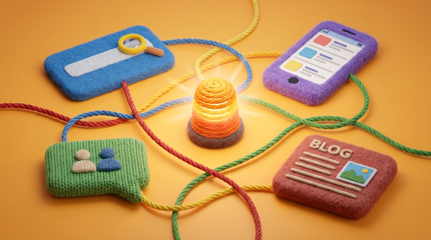 A stylized, interconnected network of various digital platforms represented by distinct icons: a search bar, a social media feed, a forum discussion, and a blog page. Lines crisscross between them, showing the flow of information and interaction. In the center, a small, glowing beacon symbolizes a business trying to observe and understand these diverse "habitats." The overall mood is dynamic and exploratory, with a vibrant, interconnected color scheme.