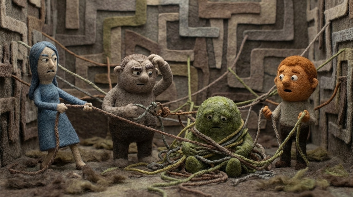 A group of people are shown with tangled strings connecting them, each string leading to a different, unclear destination. Some people are looking confused, others are pulling in different directions. The background is a chaotic maze. The color palette is a mix of dull, muddy colors, emphasizing confusion and lack of direction.