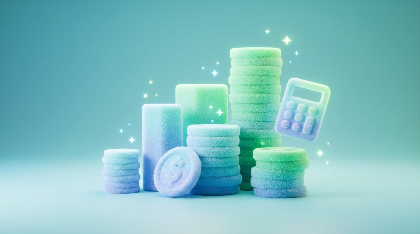 A digital visualization of stacked currency coins or glowing budget bars of varying heights, representing different competitors' ad spending. Some stacks are significantly taller and wider, indicating larger budgets. A small, floating calculator icon is nearby. The background is subtle, allowing the glowing bars to stand out. A gradient of blue to green for the budget bars, with some sparkling effects.