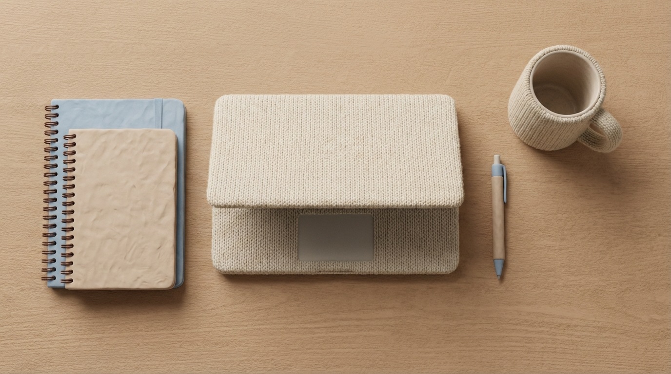 An overhead shot of a clean, organized desk with a laptop, notebooks, a pen, and a coffee mug. The composition is minimalist and focused, using a neutral color palette.