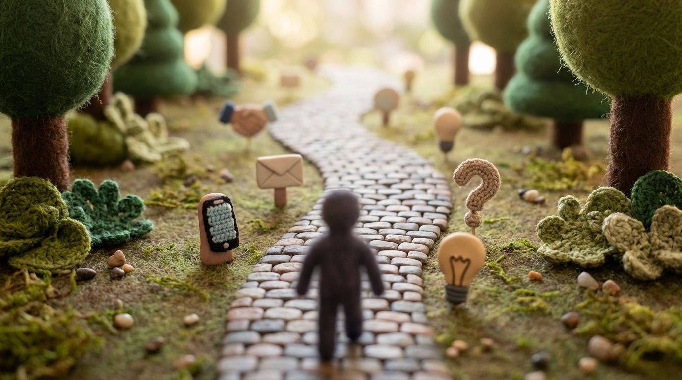 A winding, cobblestone pathway seen from a first-person perspective, stretching into the distance. At the beginning of the path, a faint silhouette of a person (the client) is visible, taking the very first step. The path is lined with small, distinct markers representing different touchpoints and decisions. The overall mood is one of a journey, emphasizing empathy and observing the path from the client's point of view. Soft, natural lighting.