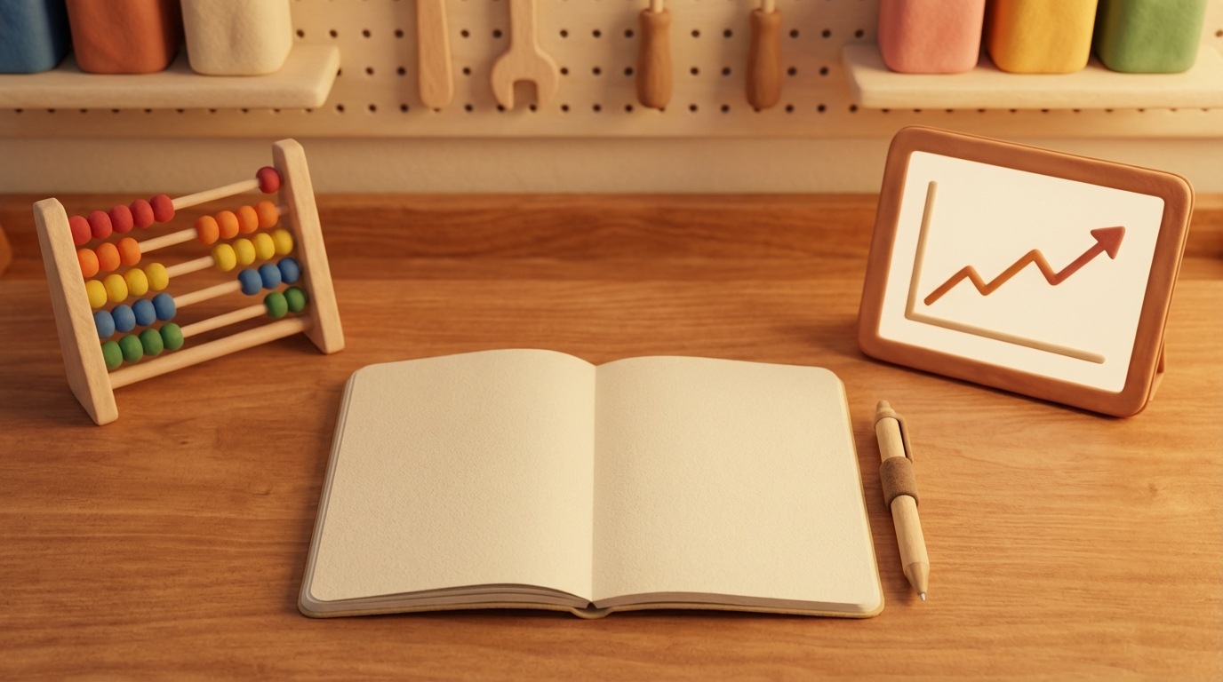 A workbench with various simple, accessible tools laid out: a small, open notebook, a pen, a basic abacus, and a tablet displaying a simple graph. The background is a clean, well-organized workspace, suggesting readiness and ease of starting. The mood is encouraging and practical, with warm, inviting colors. Overheard view.