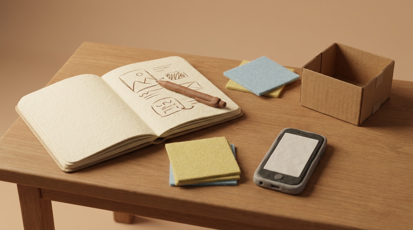 A collection of small, everyday objects arranged on a simple desk, symbolizing low-cost experimentation. A small, open notebook with quick sketches, a pen, a few sticky notes, a simple smartphone, and a small, empty cardboard box that could be repurposed for a test. The lighting is soft, suggesting an accessible and practical approach. The color palette is warm and inviting, with browns, creams, and muted pastels, conveying a sense of resourcefulness and hands-on work. The composition is organic and slightly asymmetric, reflecting the adaptable nature of these methods.