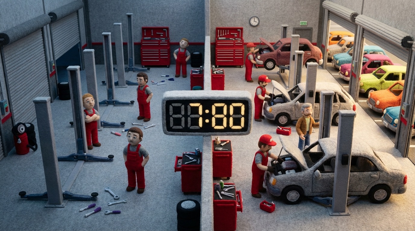 A busy auto repair shop seen from a slightly elevated perspective. On the left side, several mechanics are standing idle, looking bored, with empty work bays. On the right side, the same mechanics are actively working on cars in every bay, with a queue of cars waiting outside. A large digital clock in the center visually marks the transition from "slow hours" to "peak hours." The mood is one of contrast between inefficiency and efficient flow. Industrial grays and reds dominate the shop, with a dynamic shift in activity levels.
