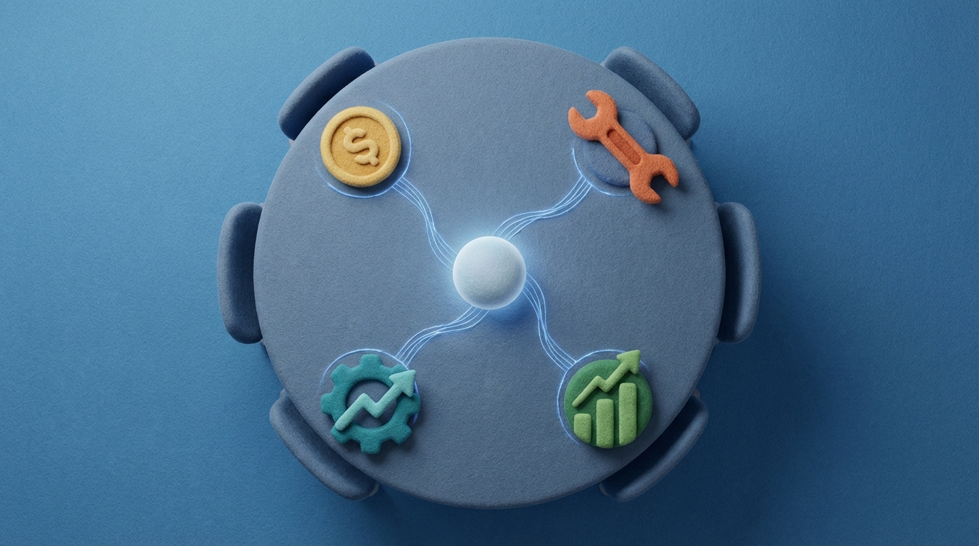 A stylized round table is presented from an overhead perspective. Around its circumference, several distinct, abstract markers or tokens are strategically placed, each representing a different stakeholder role in a B2B decision (e.g., a currency symbol for finance, a wrench for technical, a stylized chart for management). All markers are connected by faint, glowing lines that converge towards a central, slightly elevated point on the table, symbolizing the collective decision. The composition is orderly, with a palette of professional blues and grays.