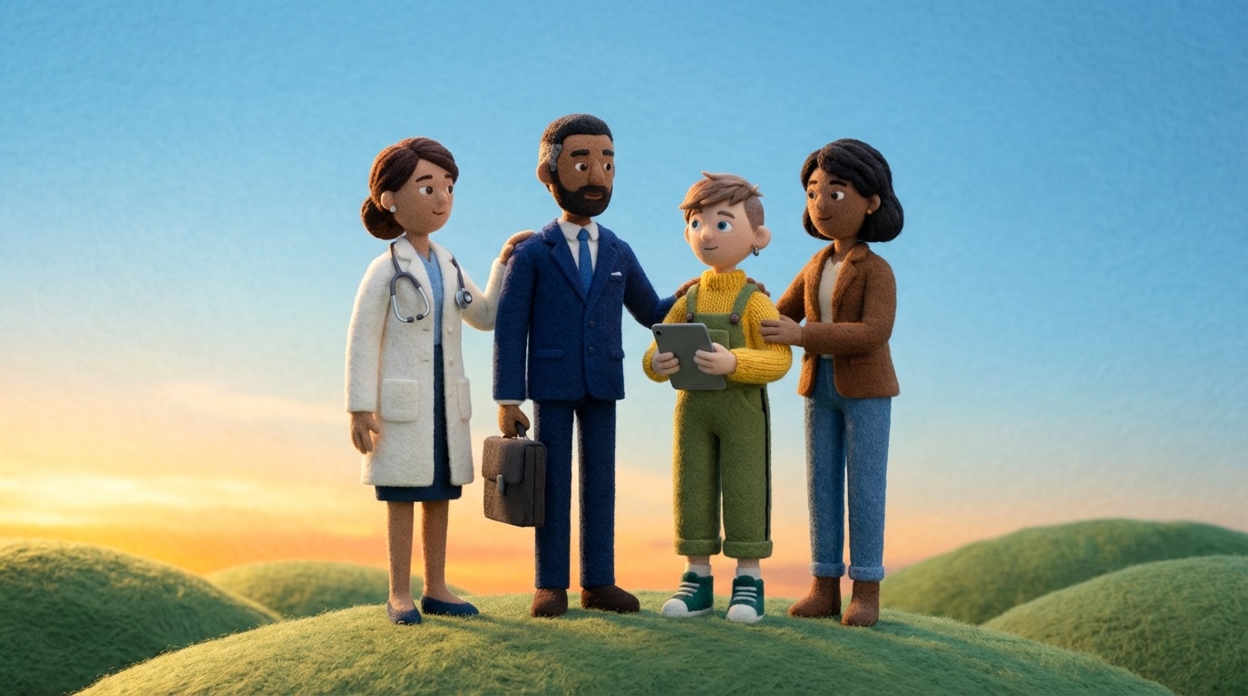 A group of people from different professional backgrounds (e.g., a woman in a lab coat, a man in a suit, a younger person with a tablet) standing together, looking towards a distant, softly illuminated horizon. They are positioned in a supportive, clustered formation, suggesting unity and shared direction. The color palette is optimistic, with warm, natural tones and a clear sky.