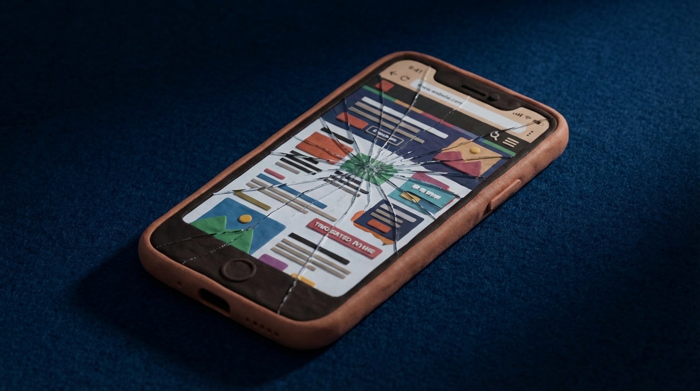 A broken or cracked smartphone screen displaying a distorted, unreadable version of a website. Text is overlapping, images are cut off, and buttons are too small or misplaced, making the site unusable. The background is dark and somber, emphasizing the negative impact. The overall mood is one of frustration and failure, highlighting the consequences of poor mobile optimization.