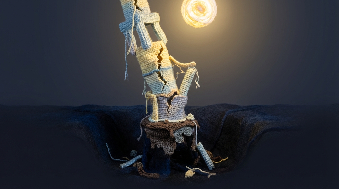 A fragile, intricate structure built on a precarious base, with several elements appearing unstable or cracked. Below it, a dark abyss with scattered, broken pieces. Above, a single, glowing light shines on the structure, highlighting its vulnerabilities. The mood is tense and cautionary. Dark, somber colors for the abyss, with brighter, but still fragile, tones for the structure. Low angle, emphasizing the danger.