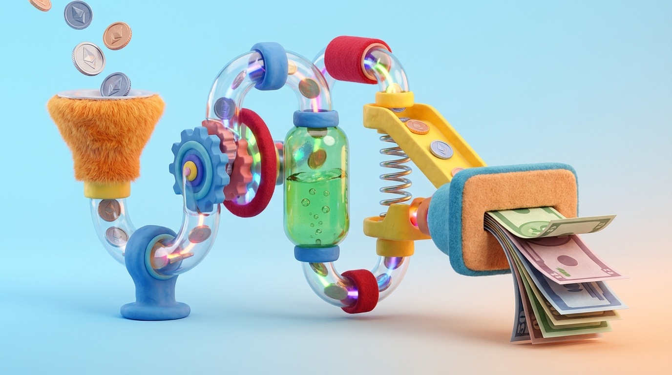 A stylized, intricate machine with various interconnected parts, each representing a different sales metric. Coins flow into one part, are processed through several stages, and then larger bills emerge from another. The machine is vibrant and active, set against a clean, minimalist background, emphasizing the flow and transformation of value. Light, energetic color scheme.