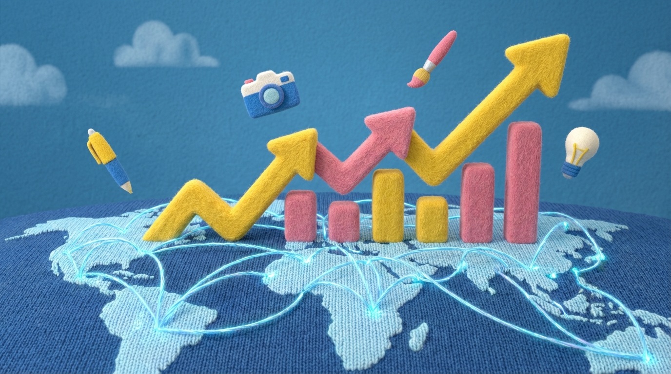 A stylized illustration of a growing graph with upward-trending lines, superimposed over a world map with glowing connection points. Small icons representing creative work (e.g., a pen, a camera) are scattered around. The overall impression is one of global reach and business growth.