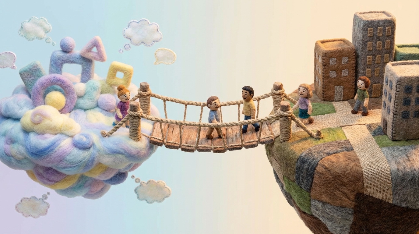 A sturdy, well-constructed bridge connecting a floating island of abstract ideas and concepts (represented by soft, swirling clouds and ethereal shapes) to a concrete, structured landmass with distinct paths and buildings (representing tangible results and actions). Figures are shown confidently crossing the bridge. The colors transition from soft, dreamlike hues on the idea island to solid, earthy tones on the action land.
