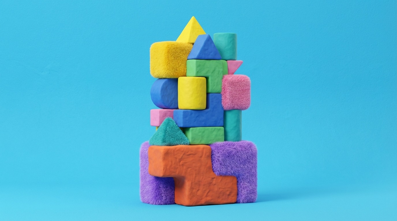 A group of abstract, geometric shapes (representing team members) interlocking and stacking neatly to form a tall, stable structure. A slightly larger, distinct shape (the leader) is at the base, providing support and alignment. The background is bright and clear, symbolizing transparency and growth. A vibrant, constructive color palette.