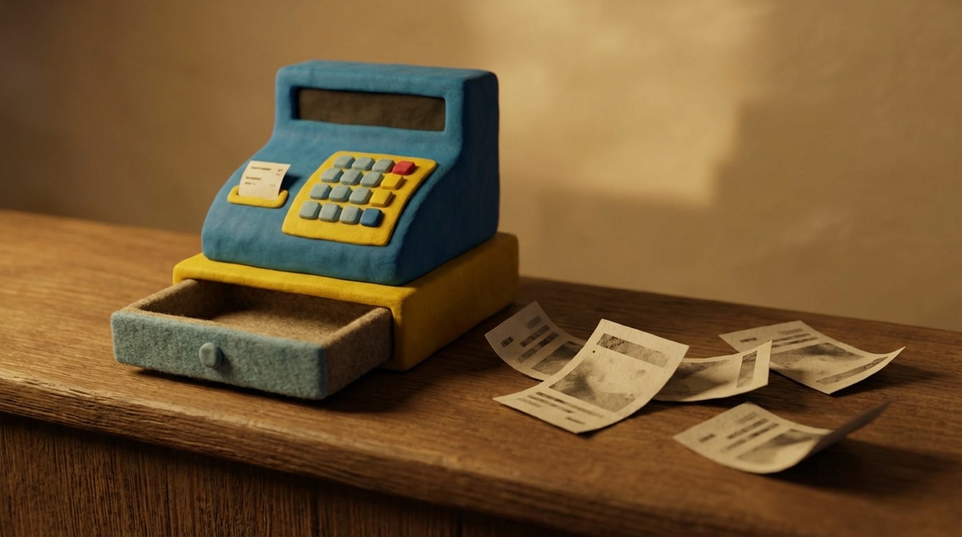 A stylized, empty cash register on a counter. Next to it, a few scattered, unread paper flyers with generic, uninspiring messages. The scene is somewhat dim, suggesting a lack of activity. The cash register drawer is slightly ajar and visibly empty, emphasizing missed financial opportunities. A sense of quiet desolation. Warm, soft lighting but with a hint of melancholy. Eye-level shot.