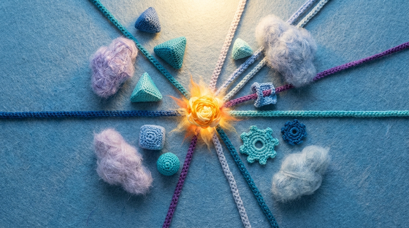 A central, glowing point where several distinct, converging lines meet, each line representing a different piece of data or input. Around the central point, various abstract shapes symbolize different decision factors, some clear and sharp, others soft and hazy. The overall composition conveys clarity emerging from complexity. Cool, analytical color palette with a bright, focused light at the center. Top-down view.