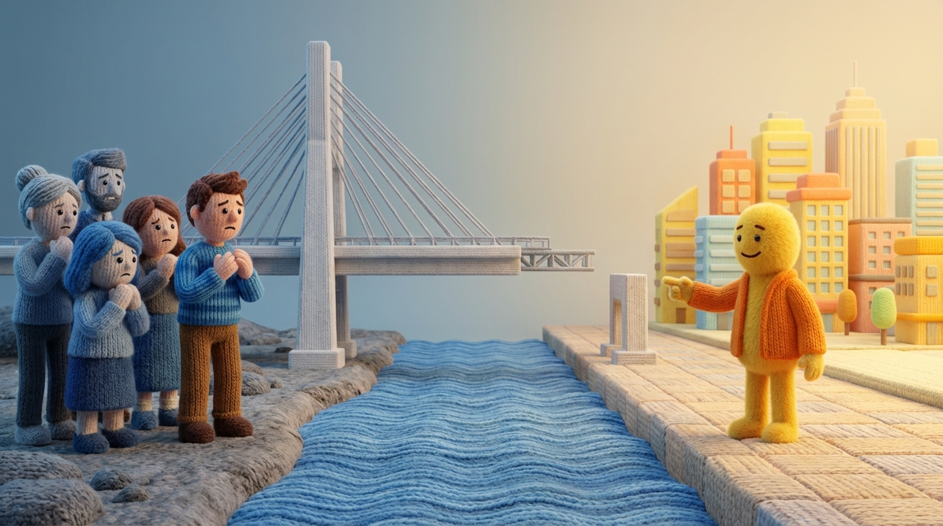 A group of diverse, stylized figures standing on one side of a large, symbolic river, looking hesitant and uncertain about crossing. On the other side, a single, inviting figure is extending a hand, pointing to a brightly lit, organized city. A sturdy, modern bridge is partially built across the river, showing progress. The hesitant side is in muted, anxious tones, while the inviting side is warm and encouraging. Medium shot, emphasizing the bridge as a path to involvement.