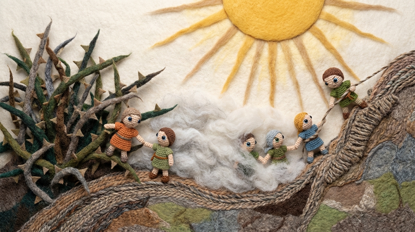 An abstract landscape with various stylized obstacles: a thorny bush, a dense fog bank, and a steep, winding path. Several small, determined figures are navigating these challenges, some helping others, some finding alternative routes. A bright, clear light source from above illuminates the path ahead, symbolizing guidance and hope. The color palette is a mix of muted, challenging grays and browns with vibrant, hopeful yellows and greens.