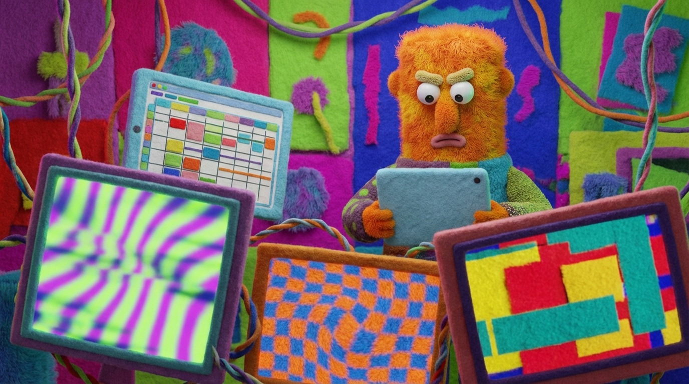 A series of advertisements displayed on screens, but each one is slightly distorted or misaligned. Some have jarring color combinations, others have blurry text. In the background, a person is shown looking at a spreadsheet with a confused expression. The overall scene uses a chaotic arrangement of visual elements and a slightly jarring color palette to represent poorly executed advertising.