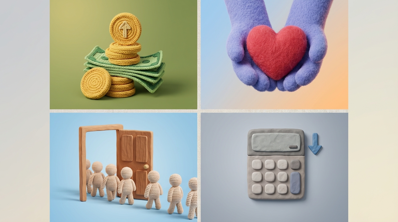 A four-panel grid, each panel showing a different aspect of business impact. 1. **Top-left:** A stack of coins or paper currency, growing upwards, representing 
