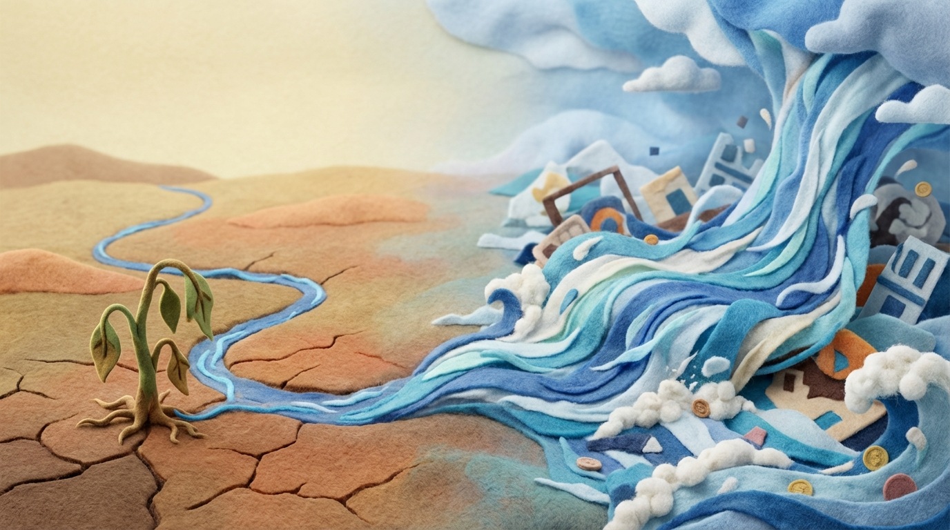 A visual representation of a financial flow, depicted as a river. On one side, the river is a mere trickle, barely reaching a small, parched plant (representing a struggling business). On the other side, the river has become a raging torrent, overflowing its banks and washing away everything in its path, symbolizing uncontrolled spending and lack of direction. The color palette shifts from dry, dusty browns to chaotic, overwhelming blues and whites.