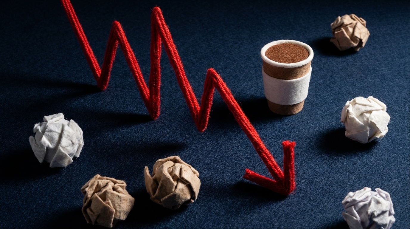 A dynamic, slightly angled view of a graph showing a sharp downward trend in sales figures, rendered in stark red lines against a dark background. Scattered around the graph are crumpled pieces of paper and a single, untouched coffee cup, conveying a sense of urgency and concern. The mood is tense and serious, with high contrast lighting.