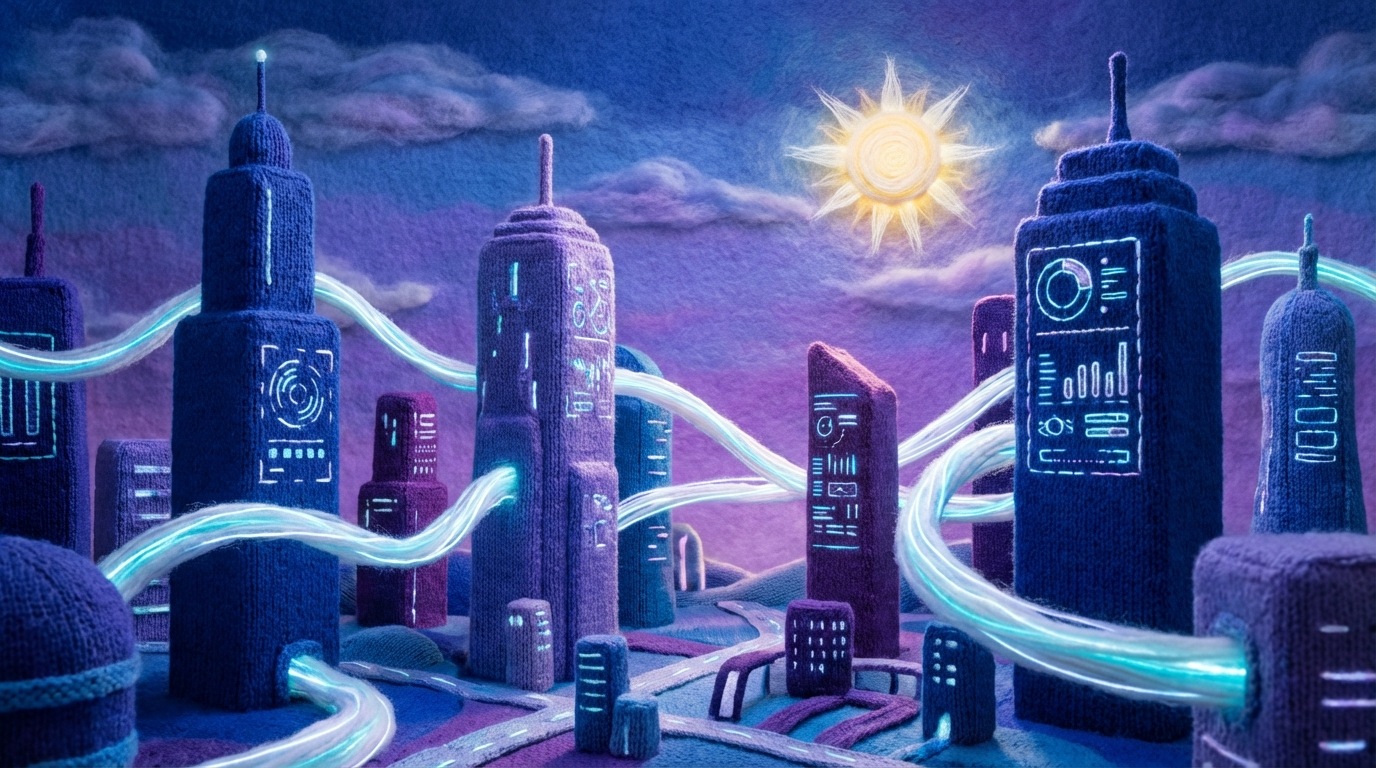A futuristic cityscape with subtle AI elements integrated into its architecture. Data streams flow between buildings, and abstract digital interfaces are visible on some structures. The overall mood is optimistic and progressive, with a color palette of deep blues, vibrant purples, and glowing white accents. The composition is expansive, suggesting a future where AI is seamlessly woven into the fabric of daily life and business.