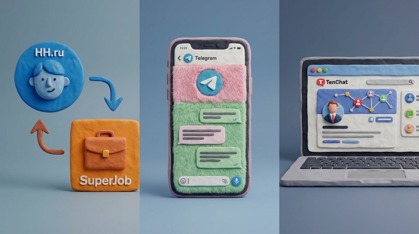 A visual collage of different job search platforms. On the left, stylized icons of popular job boards like HH.ru and SuperJob. In the middle, a smartphone screen showing a Telegram channel with job postings. On the right, a laptop displaying a professional networking platform like TenChat. The background is a subtle gradient of professional blues and grays.
