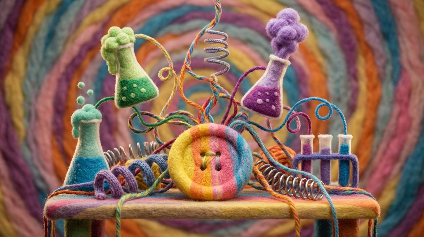 A chaotic laboratory scene with multiple beakers, test tubes, and complex wires tangled together. A single, large, colorful button sits prominently in the center, but it's connected to too many different, simultaneously changing variables, making it impossible to isolate the effect of any single change. The background is a swirl of colors, representing the confusion of testing too many elements at once. The overall composition suggests complexity and a lack of clear focus.