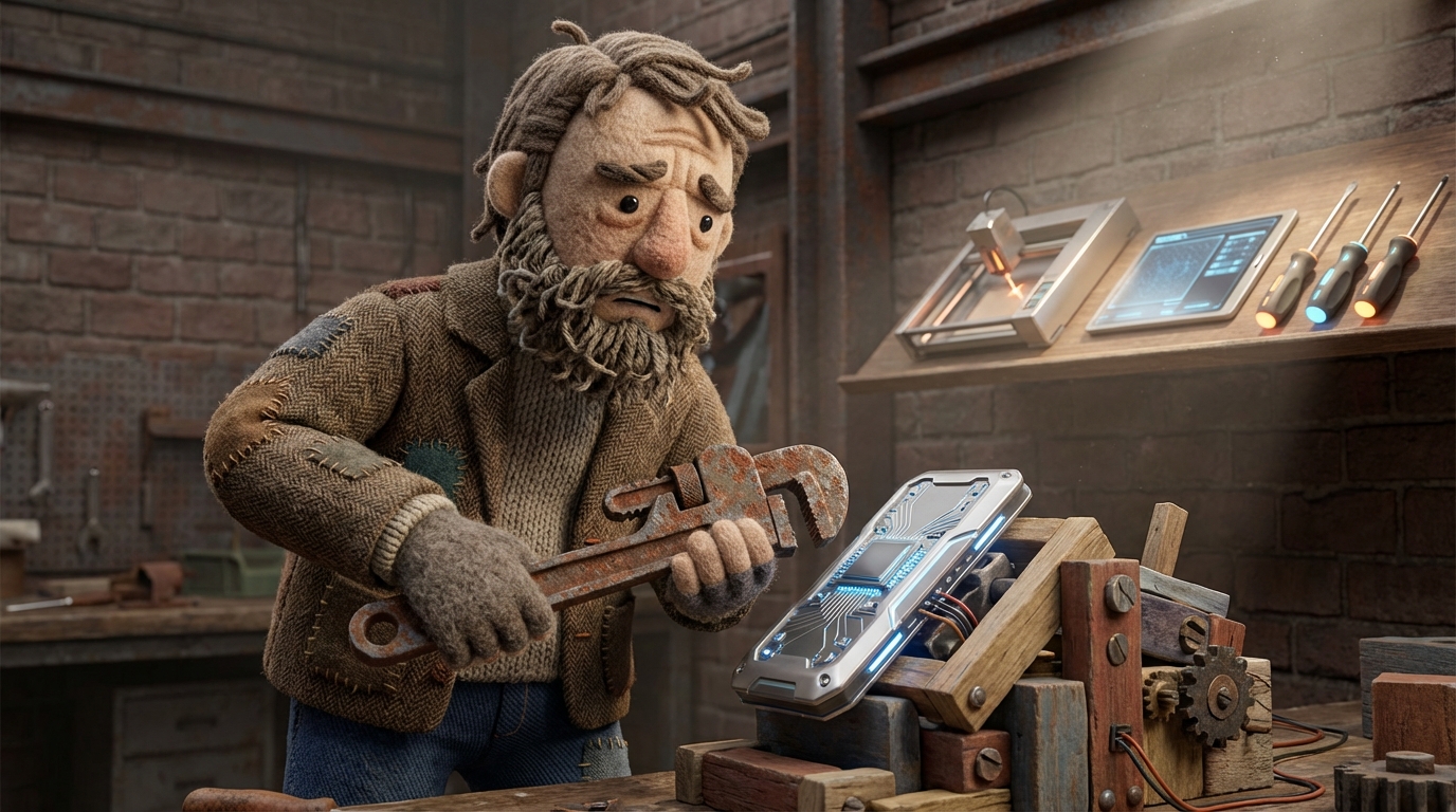 A person trying to build something complex with a limited, mismatched set of tools and materials. They are visibly frustrated, holding an outdated, clunky tool that clearly doesn't fit the modern components they are trying to assemble. Around them, other, more advanced and relevant tools lie just out of reach, representing missed opportunities for development. A dusty, industrial setting with muted colors.