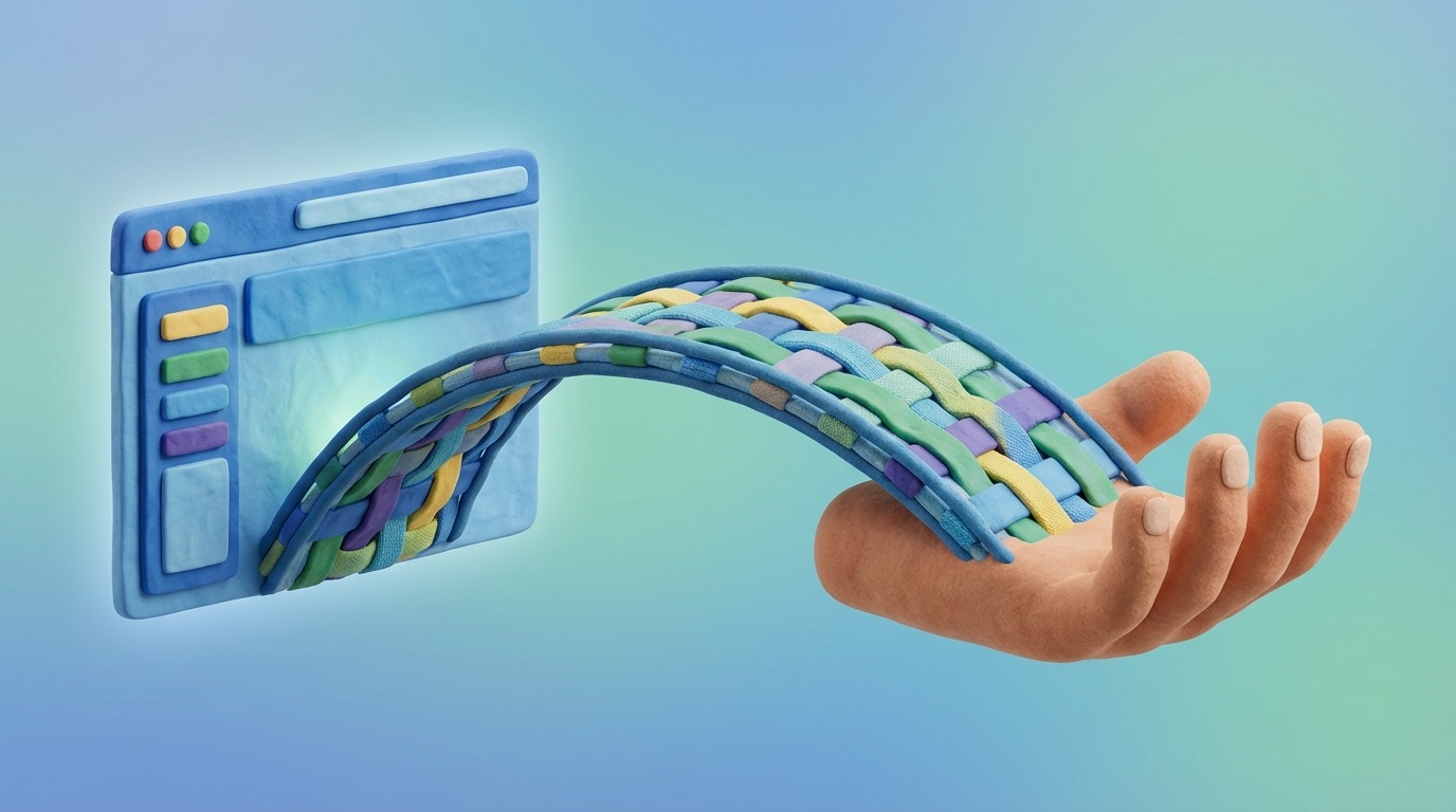 A sturdy, elegant bridge made of intertwining lines and shapes, extending from a stylized, professional-looking website interface on one side to a welcoming, open hand on the other. The bridge symbolizes trust and connection in the online world. The website side is clean and organized, while the hand side represents the potential client. The background is a soft gradient of blues and greens, conveying stability and growth. The composition emphasizes the journey of connection and the importance of a reliable link between business and customer.