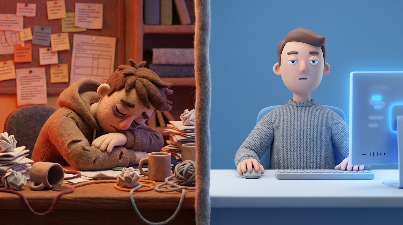 A split screen. On the left, a person is slumped over a desk, surrounded by crumpled papers, with dark circles under their eyes – clear sign of exhaustion. The atmosphere is chaotic and warm. On the right, another person sits upright at a clean desk, looking indifferent, performing minimal tasks on a computer, with an empty, detached expression. This side is cool, orderly, but sterile. The composition highlights the stark contrast between visible fatigue and internal disengagement.