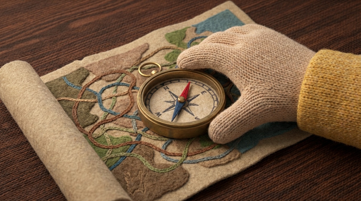 A hand gently resting on a vintage brass compass, its needle pointing steadily forward on a map of complex, overlapping routes. The map is partially unrolled on a dark wooden table, suggesting a journey of careful navigation. The scene has a warm, adventurous, yet thoughtful mood, with rich browns and muted map colors.