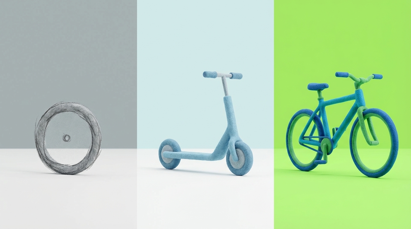 A simple, abstract illustration depicting a progression from a very basic, roughly sketched outline of a product (like a single wheel) on the left, to a slightly more developed but still incomplete version (a scooter with two wheels and handlebars) in the middle, and finally to a fully functional, sleek bicycle on the right. This visual metaphor shows the evolution of an MVP from its most minimal form to a complete product. The background is clean and white, with a color gradient from muted grays on the left to vibrant blues and greens on the right, symbolizing progress and refinement.
