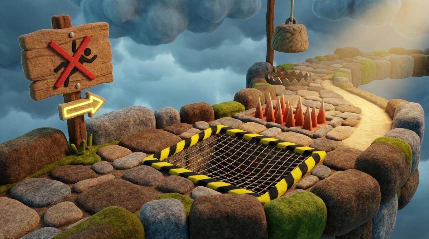 A winding, rocky path with several clearly marked pitfalls or traps that are easily identifiable. A stylized warning sign stands prominently at the beginning of the path. The overall mood is cautionary, set under a slightly ominous sky, but with clear guidance on how to avoid dangers. Earthy, muted tones with contrasting warning colors.