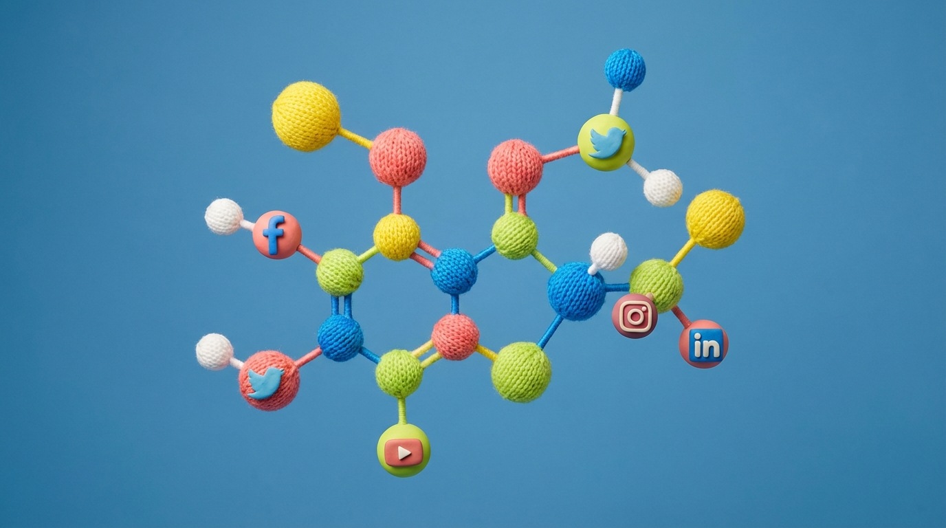 A visual metaphor for an unexpected B2B niche success: a delicate, intricate chemical molecular structure rendered in vibrant colors, with subtle social media icons integrated into its design, suggesting innovation and online presence in a specialized field.