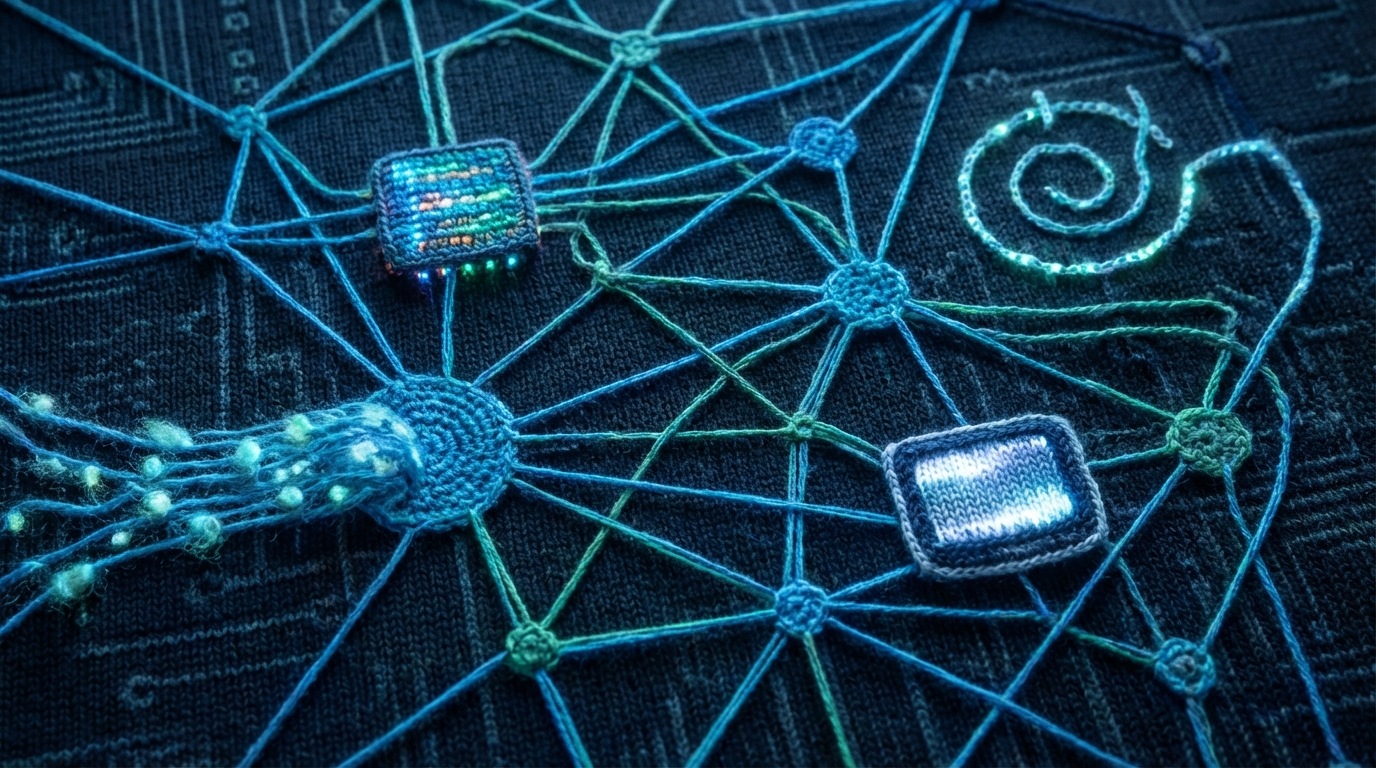 A complex, abstract digital network visualized as a series of interconnected glowing lines and nodes on a dark, circuit-board-like background. Specific areas within this network are highlighted: a small, intricate code block pulsating with light (code installation), a stream of light particles flowing into a node (traffic volume), a slow, deliberate animation of a timer (test duration), and a subtle, rapid flicker effect on a small screen element within the network (flicker effect). The overall mood is technical and intricate, with a cool blue and green color palette, emphasizing the underlying technical processes. Viewed from a close, slightly angled, overhead perspective.