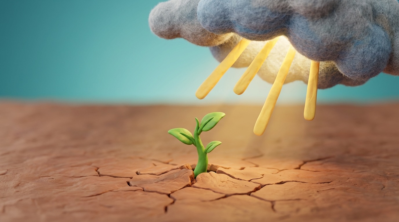 A visual metaphor for resilience and growth. A small, determined sprout is pushing its way through cracked, dry earth. Above it, a stylized, abstract representation of a storm cloud is beginning to dissipate, revealing rays of sunlight. The color palette is earthy with hints of green and yellow, conveying a sense of hope and perseverance.