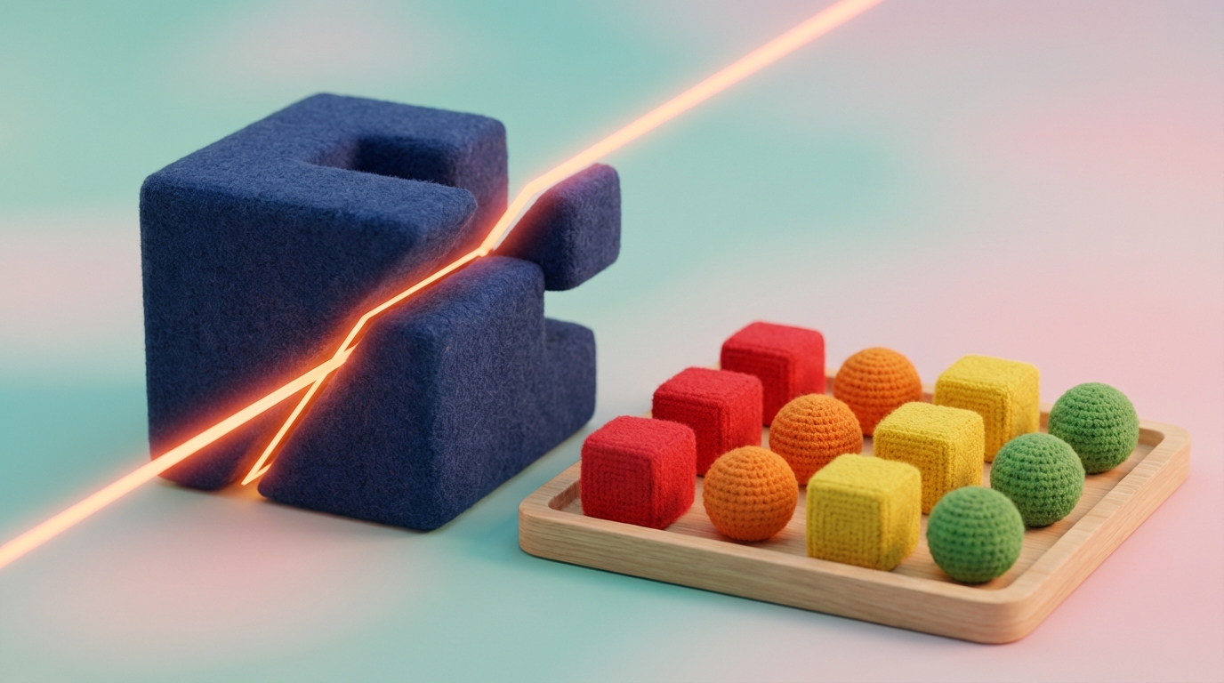 A large, abstract, blocky shape (representing a complex goal) is being systematically broken down into smaller, distinct, manageable cubes and spheres. Each smaller piece is neatly arranged into a clear sequence or grid. The process is clean and controlled, with tools like a gentle chisel or laser dividing the shape. The colors transition from a single, imposing shade for the large block to multiple, distinct, brighter colors for the smaller pieces. Side view, showing the deconstruction and organization.